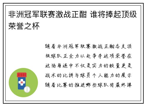 非洲冠军联赛激战正酣 谁将捧起顶级荣誉之杯